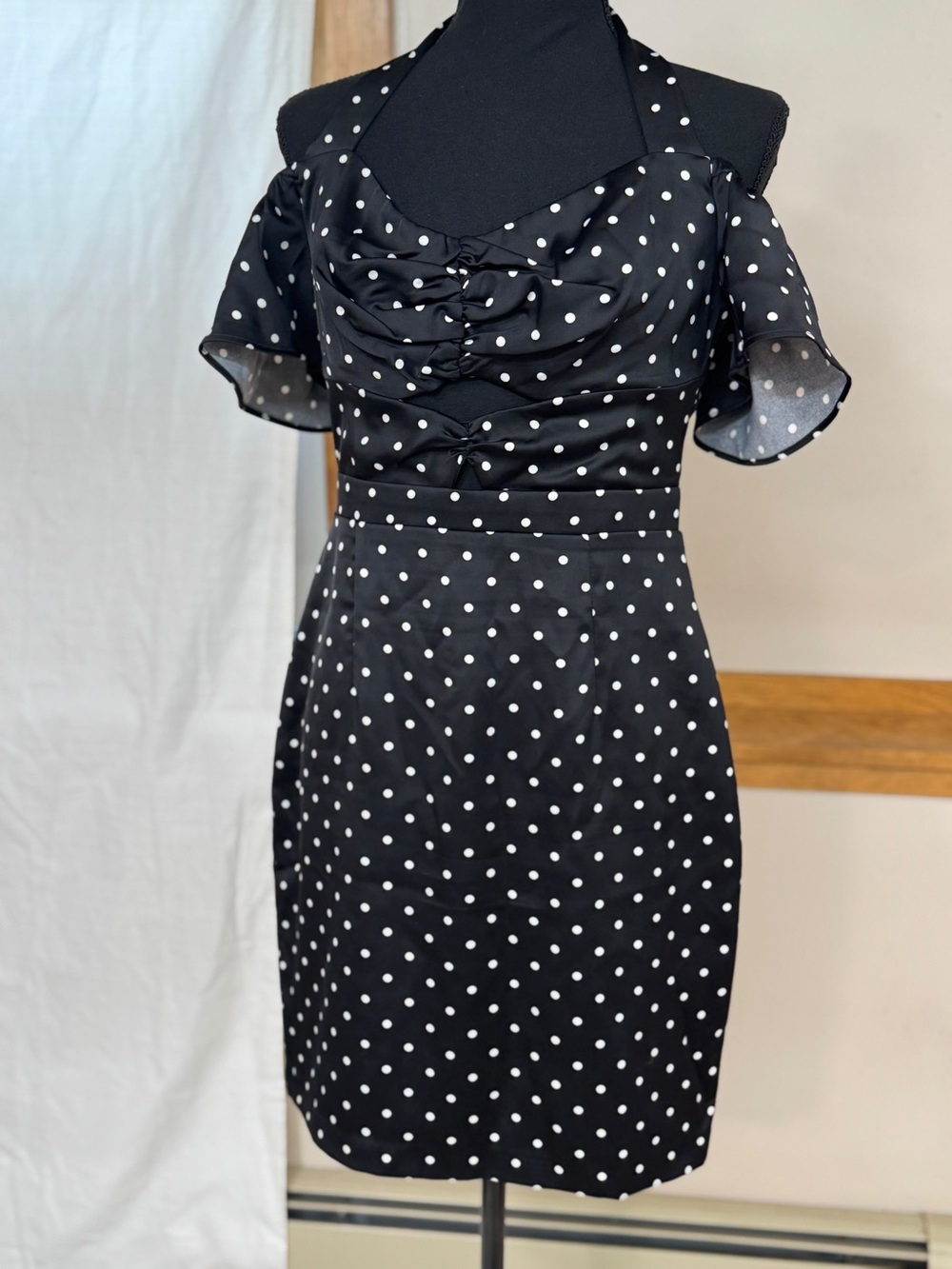 Guess Black and White Polka Dot Cold-Shoulder Mini Dress